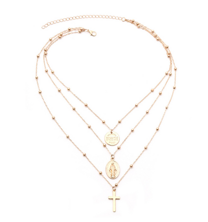 Geometric Metal Virgin Mary Cross Multi-Layer Necklace