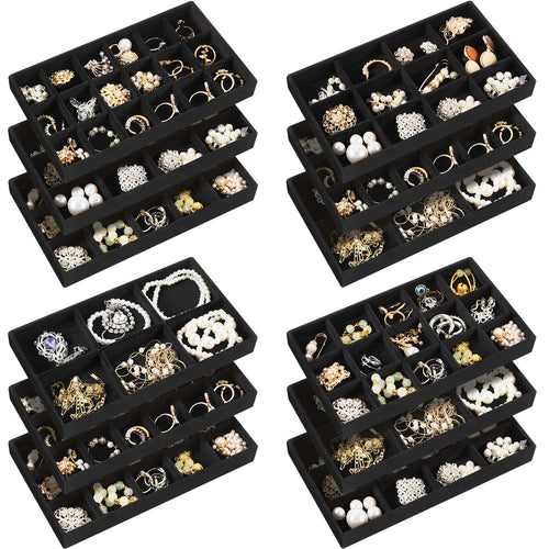 Junkin 12 Pcs Jewelry Tray Velvet Stackable Jewelry Organizer Trays Divided Earring Organizer Jewelry Storage Containers Box (Black)