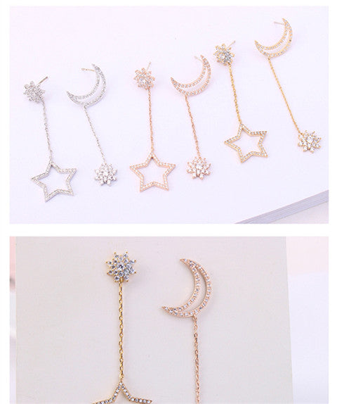 S925 Silver Star Moon Pearl Asymmetric Earrings