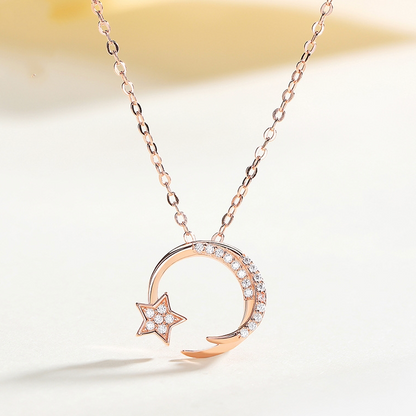 S925 Silver Star and Moon Pendant Necklace