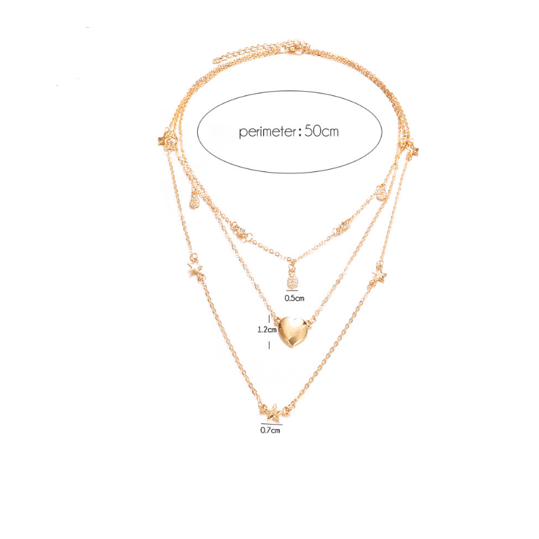 Layered Heart and Star Pendant Necklace with Rhinestones