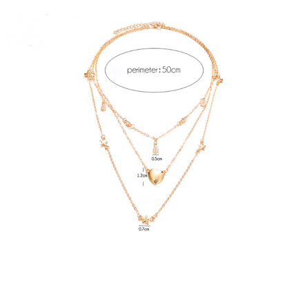Layered Heart and Star Pendant Necklace with Rhinestones