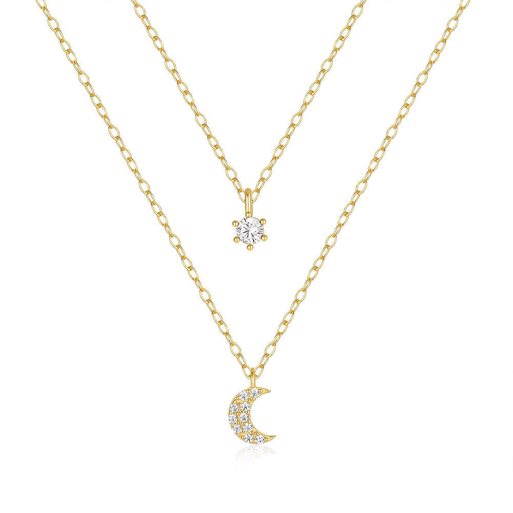 S925 Silver Double Layer Moon Necklace with Zirconia