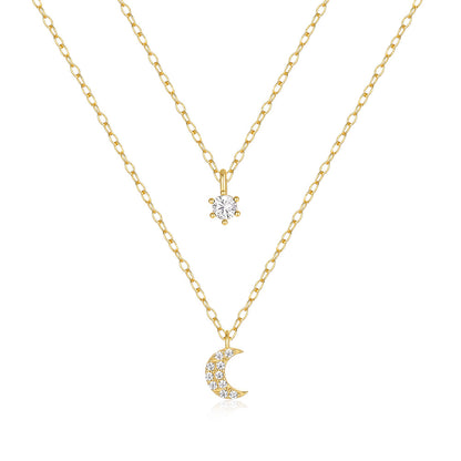 S925 Silver Double Layer Moon Necklace with Zirconia