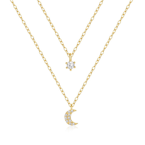 S925 Silver Double Layer Moon Necklace with Zirconia