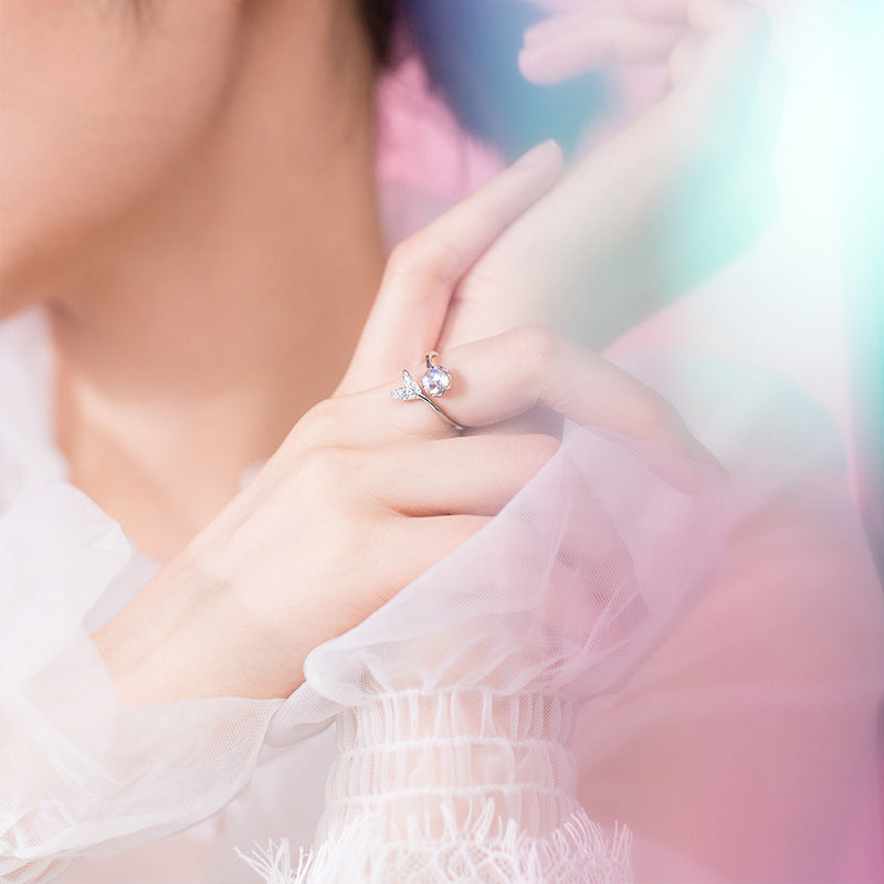 S925 Silver Adjustable Fish Tail Ring with Gems