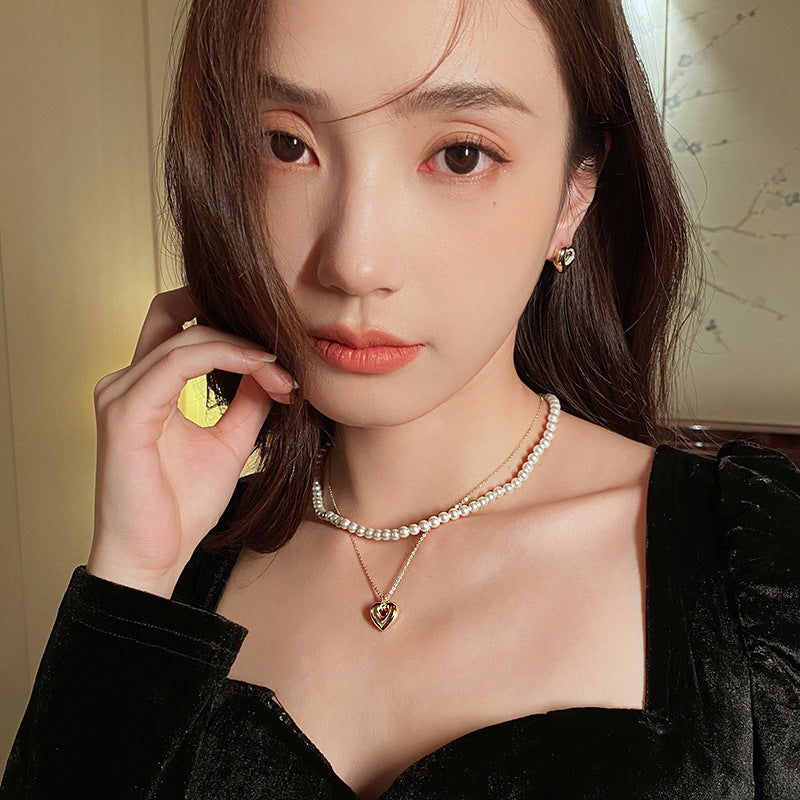 Double Layer Pearl Heart Necklace for Women