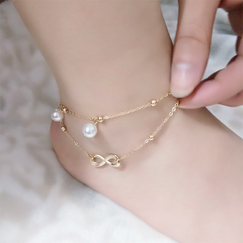 Double Layer Pearl Anklet - Handmade Beaded Foot Jewelry
