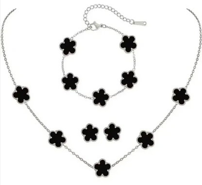 Elegant Five-Leaf Flower Jewelry Set – Titanium Steel Bracelet, Necklace & Stud Earrings