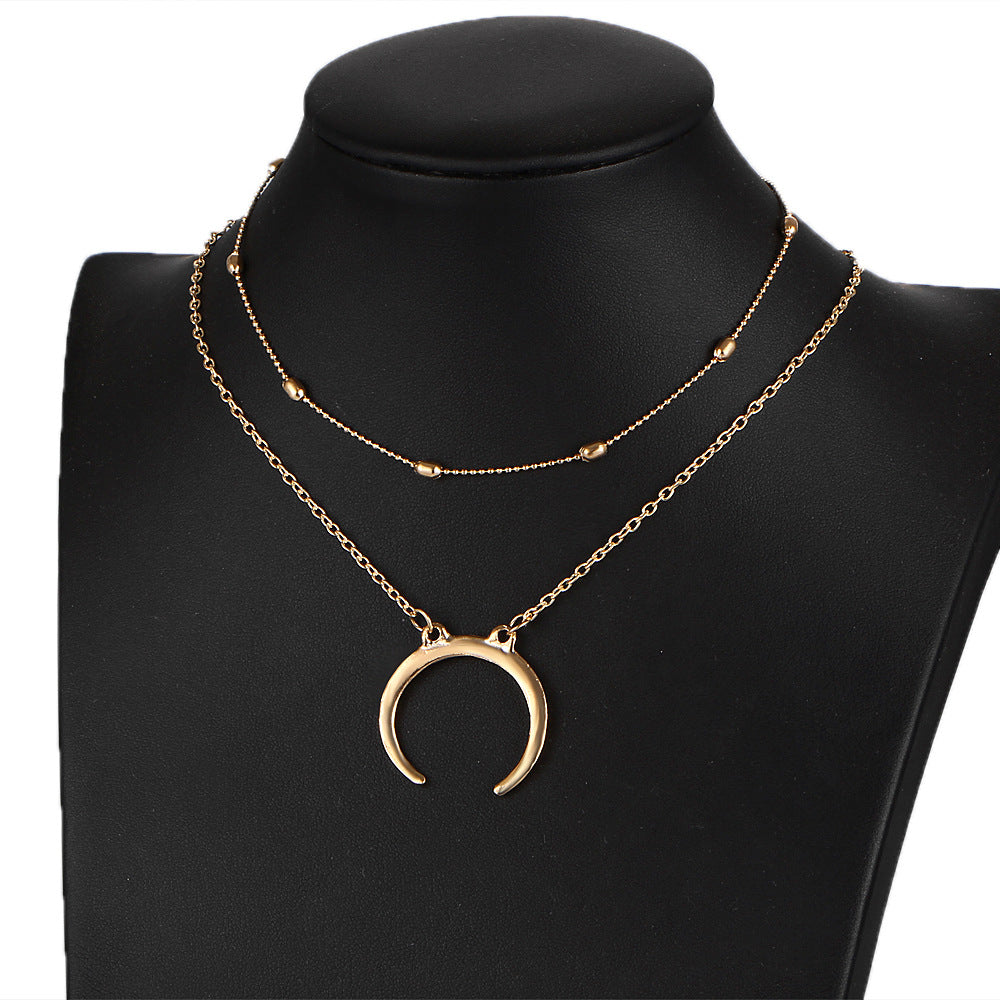 Layered Horn Necklace with Moon Pendant - Fashionable Style