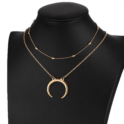 Layered Horn Necklace with Moon Pendant - Fashionable Style
