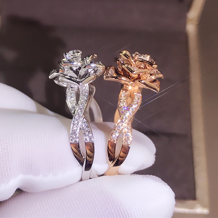 Rose Gold Simulated Diamond Rose Ring for Women