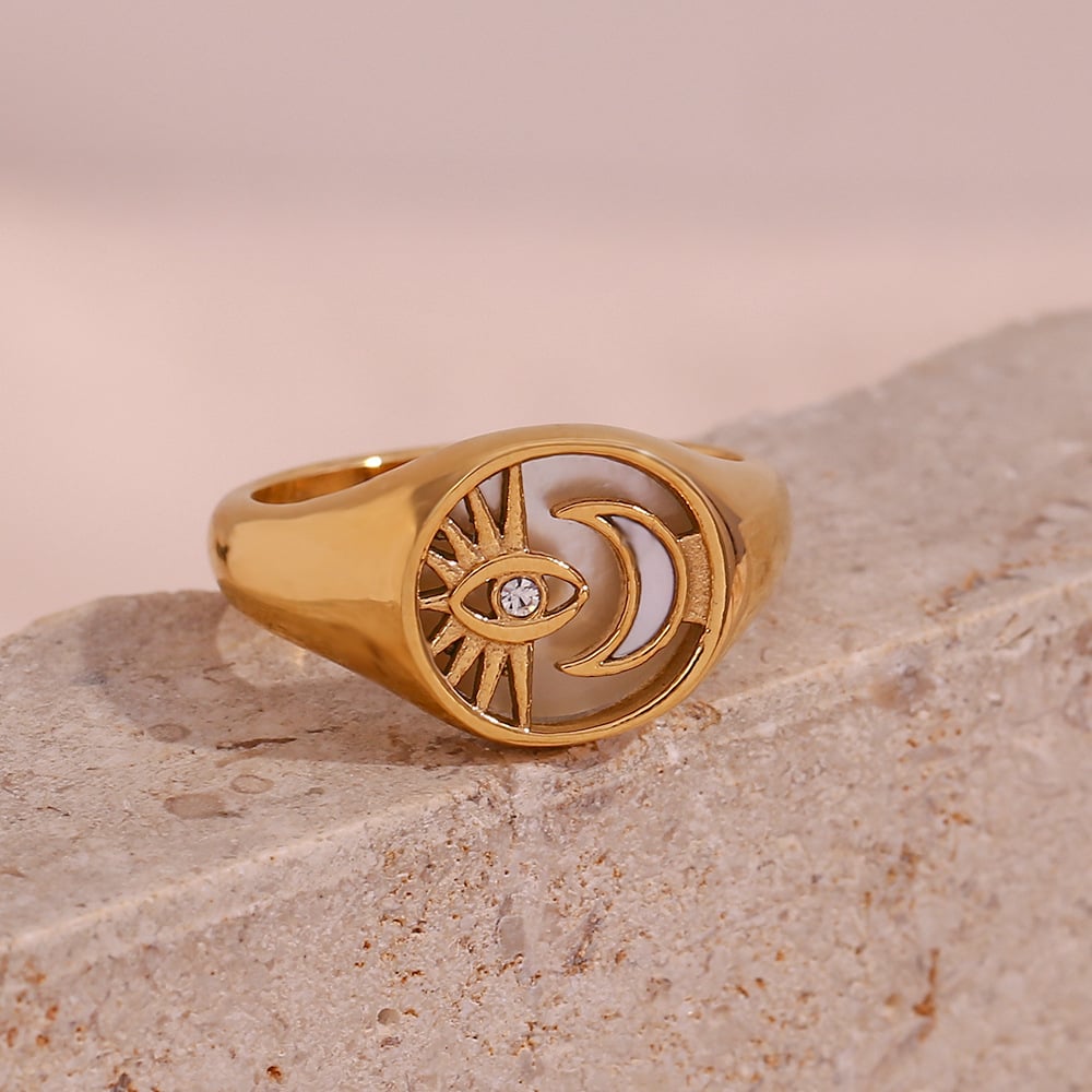 18K Gold Plated Stainless Steel Sun Moon Eye Ring