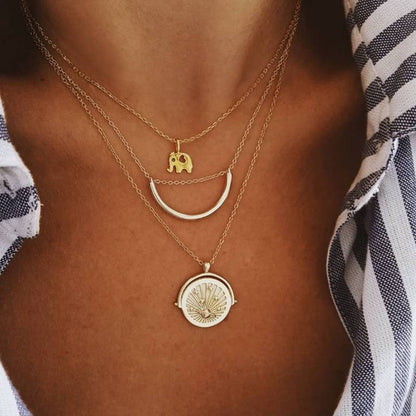 Fashionable Elephant Crescent Moon Multi-Layer Necklace