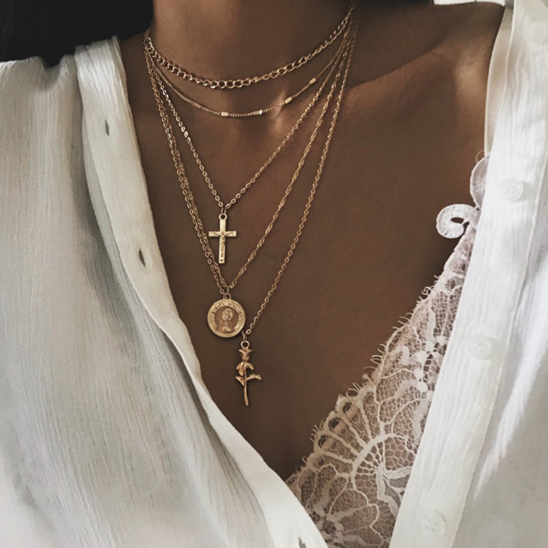 Cross Rose Pendant Necklace - Fashionable Layered Design