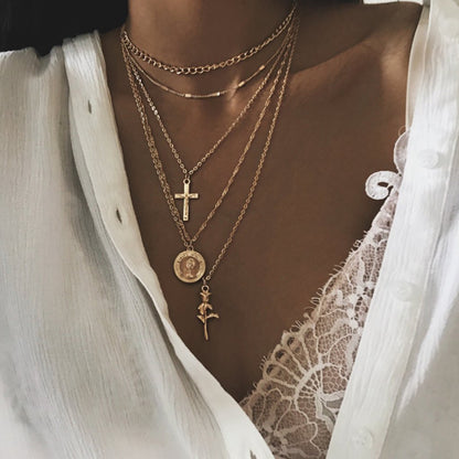 Cross Rose Pendant Necklace - Fashionable Layered Design