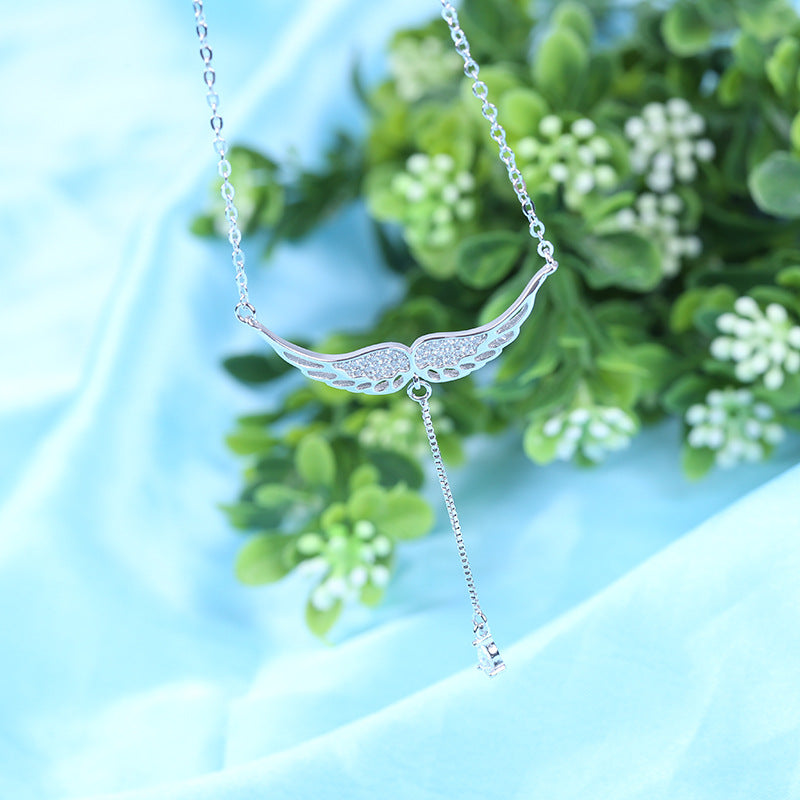 S925 Silver Angel Wings Pendant Necklace with Zirconia