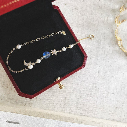 S925 Silver Bracelet with Zirconia, Pearl, Stars & Moon