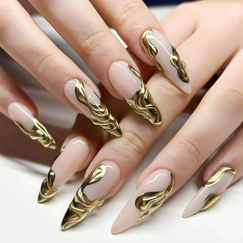 RUOKEXIN Long Stiletto Press on Nails French Tip Fake Nails Gold False Nails with 3D Gold Leaf Designs Almond Shaped Nail Press ons Sparkly Glue on Nails Cute Stick on Nails for Women 24Pcs