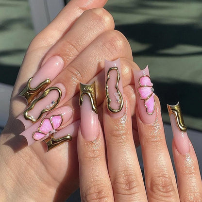 MERVF Long Square Press on Nails Gold French Tip Fake Nails Pink Flower Press ons Luxury Squoval Glue on Nails 3D Pearls Design Acrylic False Nails Glossy 24pcs