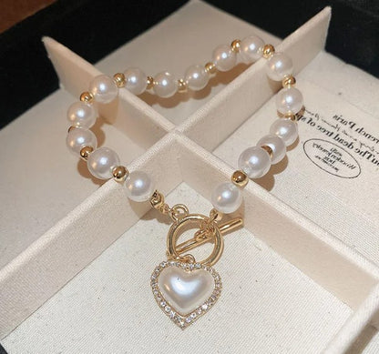 Diamond OT Buckle Pearl Heart Bracelet