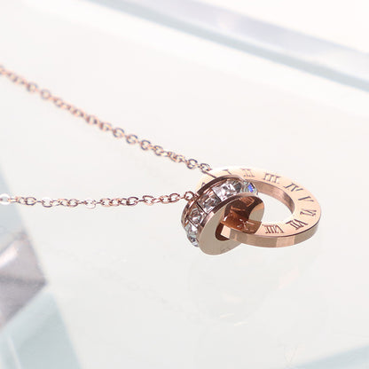 18K Rose Gold Titanium Steel Diamond Ring Necklace