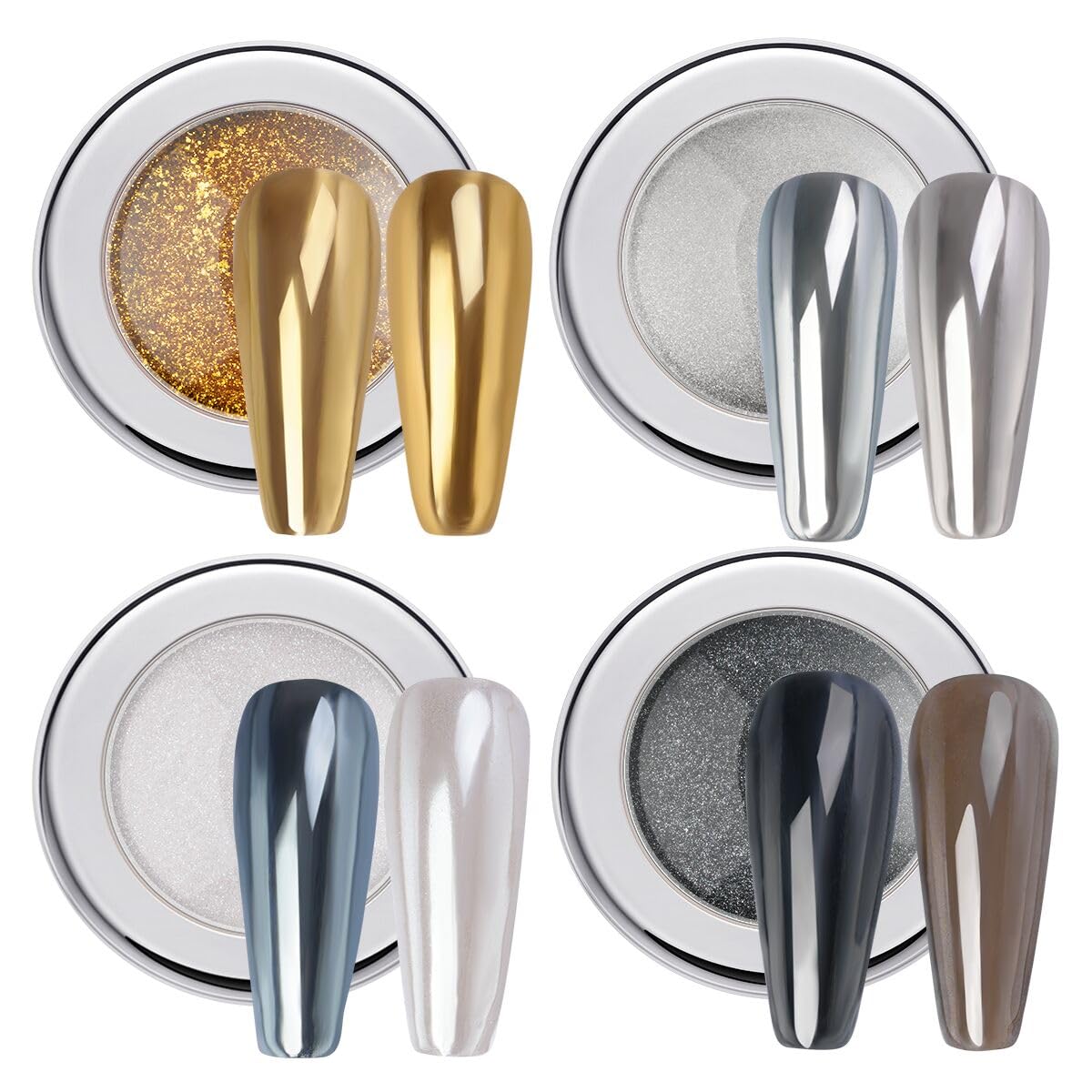 PrettyDiva Chrome Nail Powder Set- 4 Jars Chrome Powder Nail Art Mirror Effect Metallic Nail Chrome Powder Gold Silver Black and White Pearl Chrome Powder Pigment for Nails