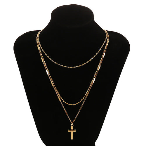 Gold Layered Cross Necklace with Three-Tier Pendant