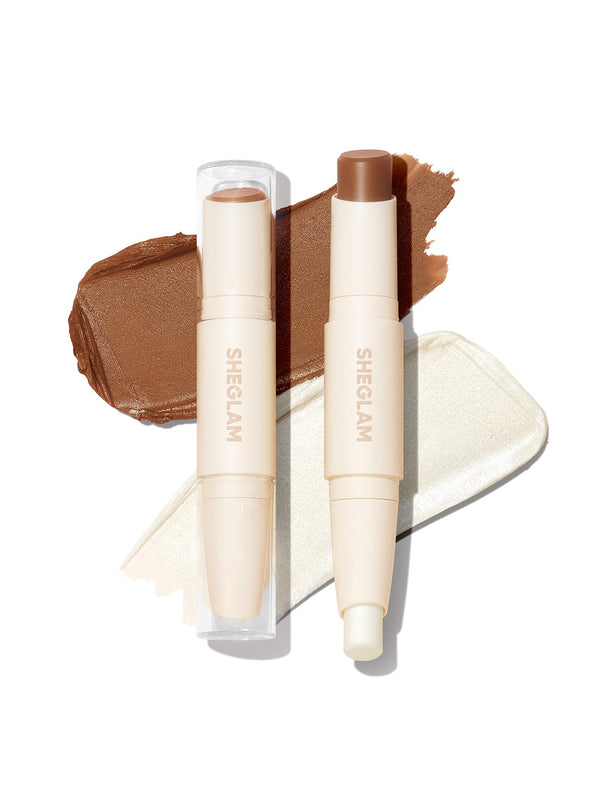SHEGLAM 2 In 1 Dual Head Cream Contour Highlighter Stick Highly Pigmented Face Bronzer Makeup - Coffee & Gold
