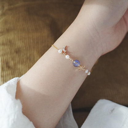 S925 Silver Bracelet with Zirconia, Pearl, Stars & Moon