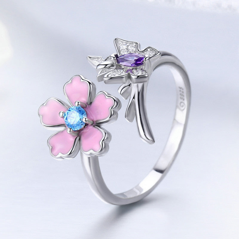 S925 Silver Butterfly Flower Open Ring for Women