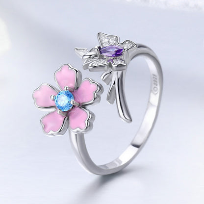 S925 Silver Butterfly Flower Open Ring for Women