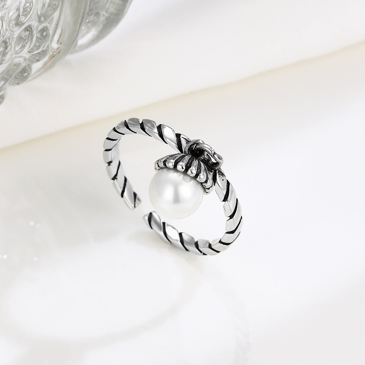 S925 Silver Vintage Pearl Open Ring for Women