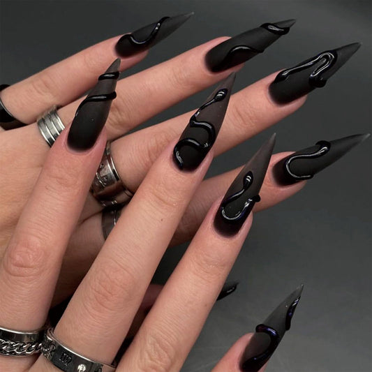 SINHOT Stiletto Press on Nails Long Fake Nails Matte Glue on Nails Gothic Snake Acrylic Nails Almond Artificial Nails Goth Black Stick on False Nails with Design 24pcs