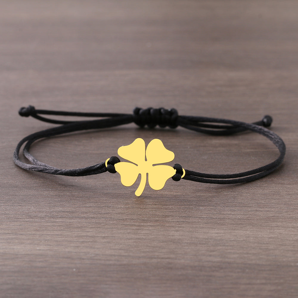 Lucky Four Leaf Clover Stainless Steel Bracelet in Black/Red