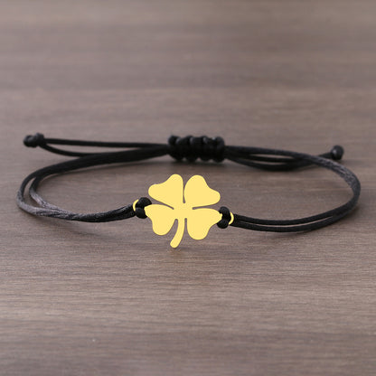 Lucky Four Leaf Clover Stainless Steel Bracelet in Black/Red
