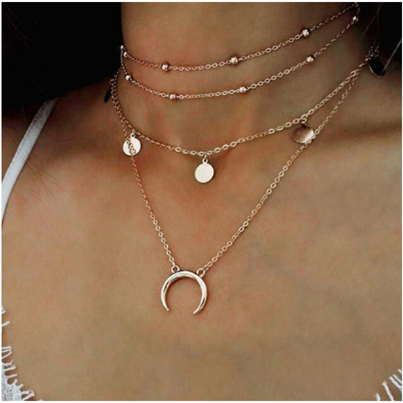 Multi-Layer Beaded Choker Necklace with Moon Pendant