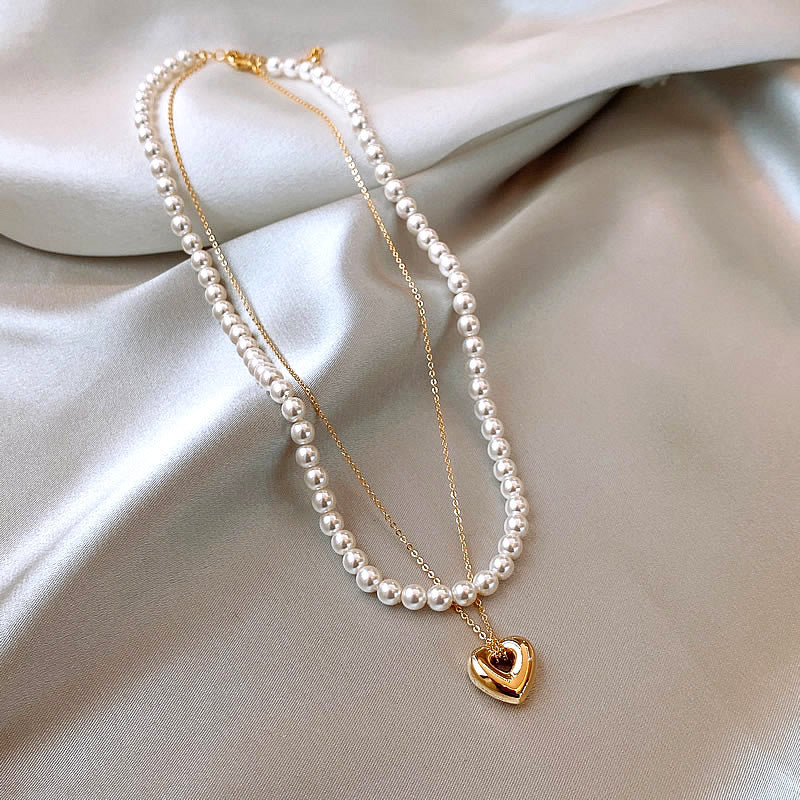 Double Layer Pearl Heart Necklace for Women
