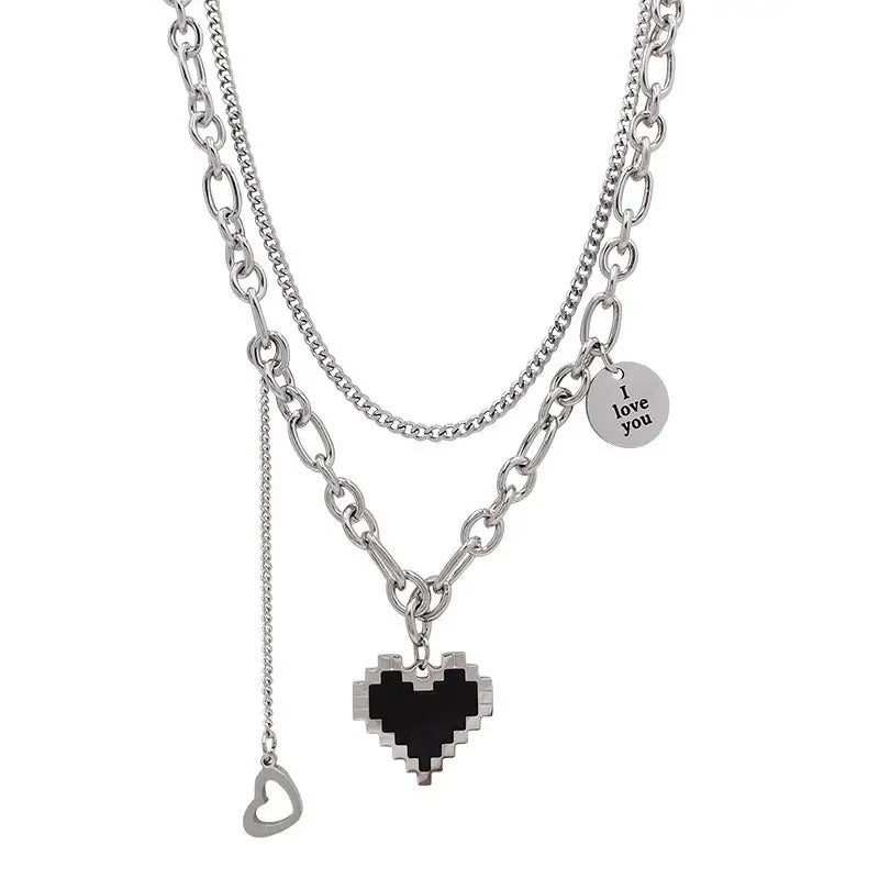 Heart-Shaped Punk Pendant Necklace with Double Layer Chain