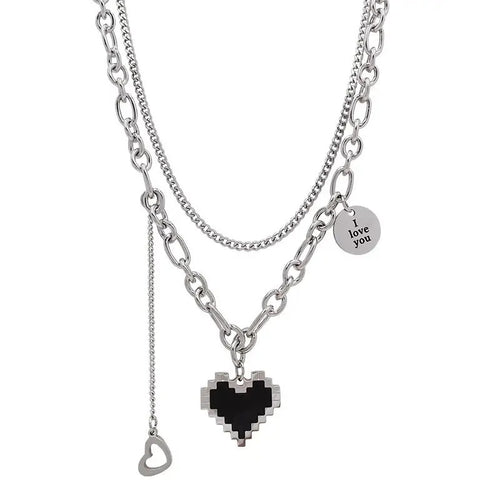 Heart-Shaped Punk Pendant Necklace with Double Layer Chain