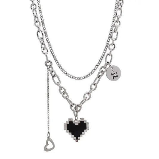 Heart-Shaped Punk Pendant Necklace with Double Layer Chain