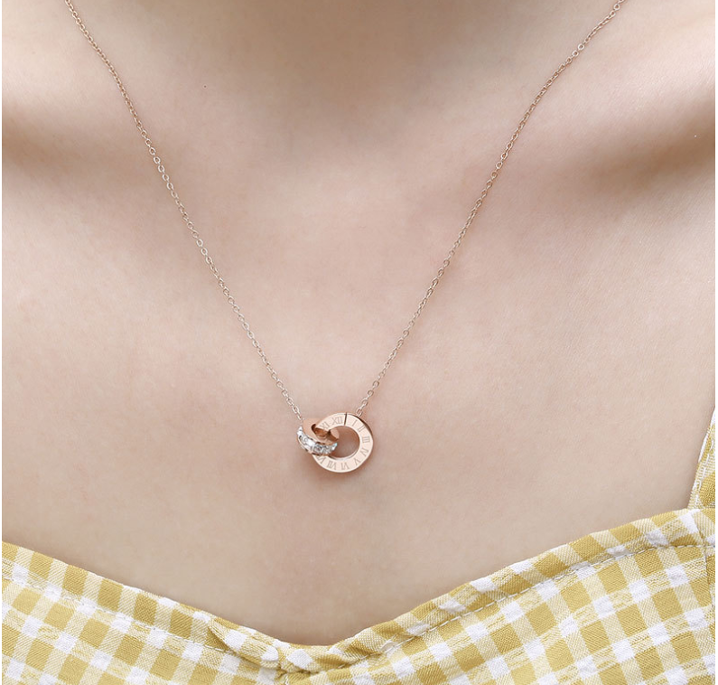 18K Rose Gold Titanium Steel Diamond Ring Necklace