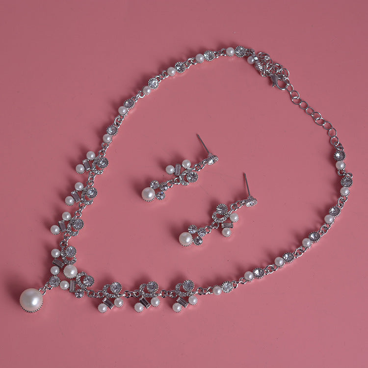 Korean Bride Necklace and Earring Set with Pearls