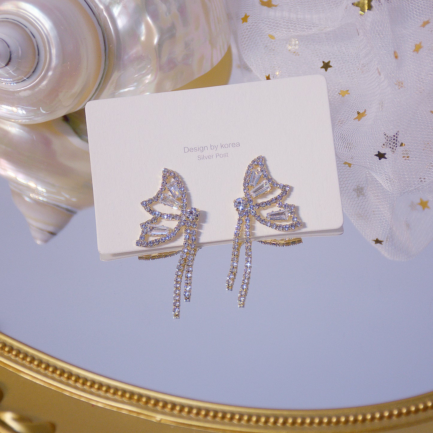 Korean S925 Silver Butterfly Tassel Zircon Earrings