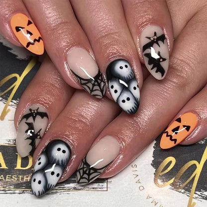 24Pcs Halloween Press on Nails Medium Long Fake Nails Spiders Web Bat Ghost Horror Design Stick on Nails Artificial Almond Nails Goth False Nails Halloween Nail Art for Women Acrylic Nails Decorations