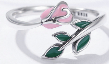 Open Ring with Rose Flower Design in S925 Silver