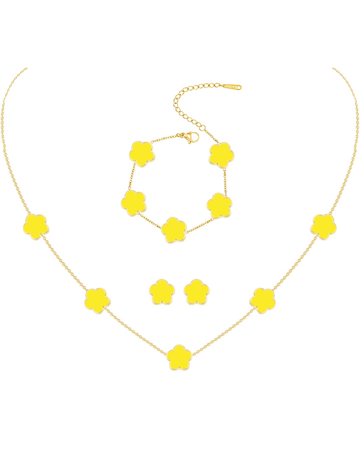 JIEMUCHU 14K Gold Plated Stainless Steel Four Leaf Clover Bracelet Necklace and Stud Jewelry Set for Women (Yellow-Gold Plated)