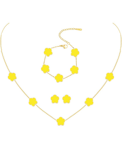 JIEMUCHU 14K Gold Plated Stainless Steel Four Leaf Clover Bracelet Necklace and Stud Jewelry Set for Women (Yellow-Gold Plated)