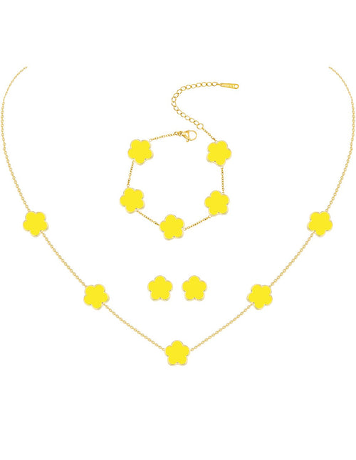 JIEMUCHU 14K Gold Plated Stainless Steel Four Leaf Clover Bracelet Necklace and Stud Jewelry Set for Women (Yellow-Gold Plated)