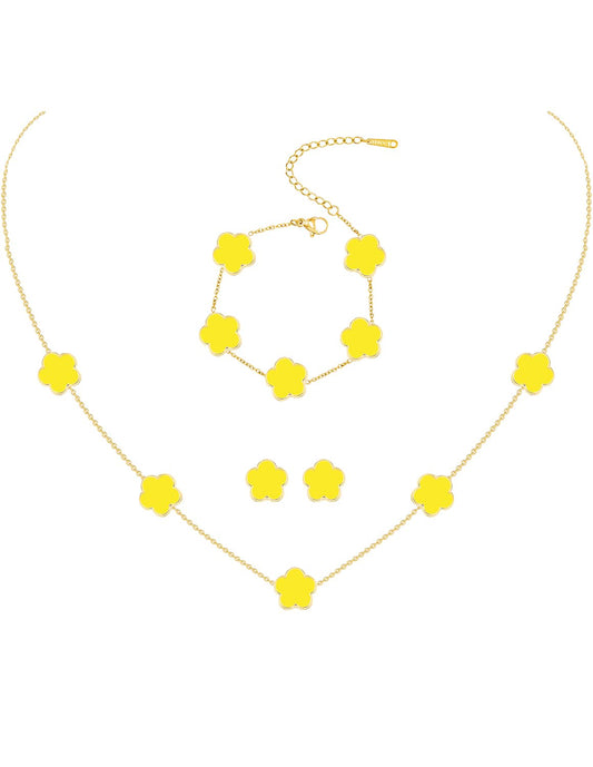 JIEMUCHU 14K Gold Plated Stainless Steel Four Leaf Clover Bracelet Necklace and Stud Jewelry Set for Women (Yellow-Gold Plated)
